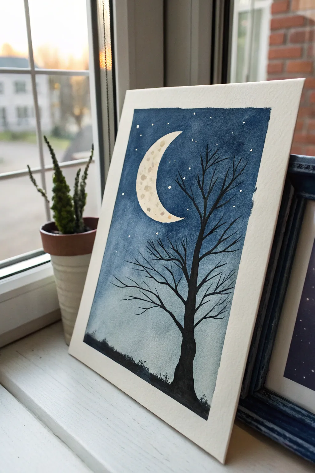 Easy dark painting idea: crescent moon with a bare tree silhouette on a deep navy sky