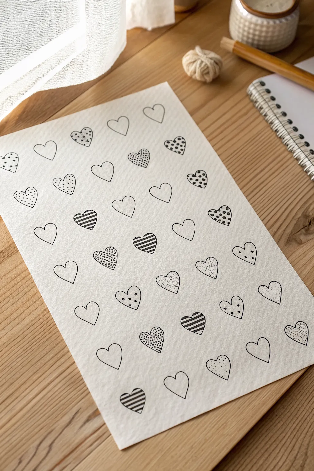 Simple heart doodle grid in fineliner, four easy patterns for minimalist sketchbook practice