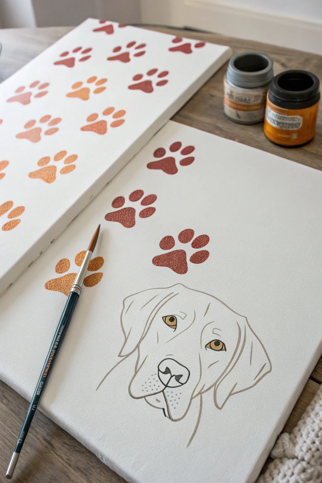 Simple dog face painting with bold paw print pattern background, perfect for beginner artists
