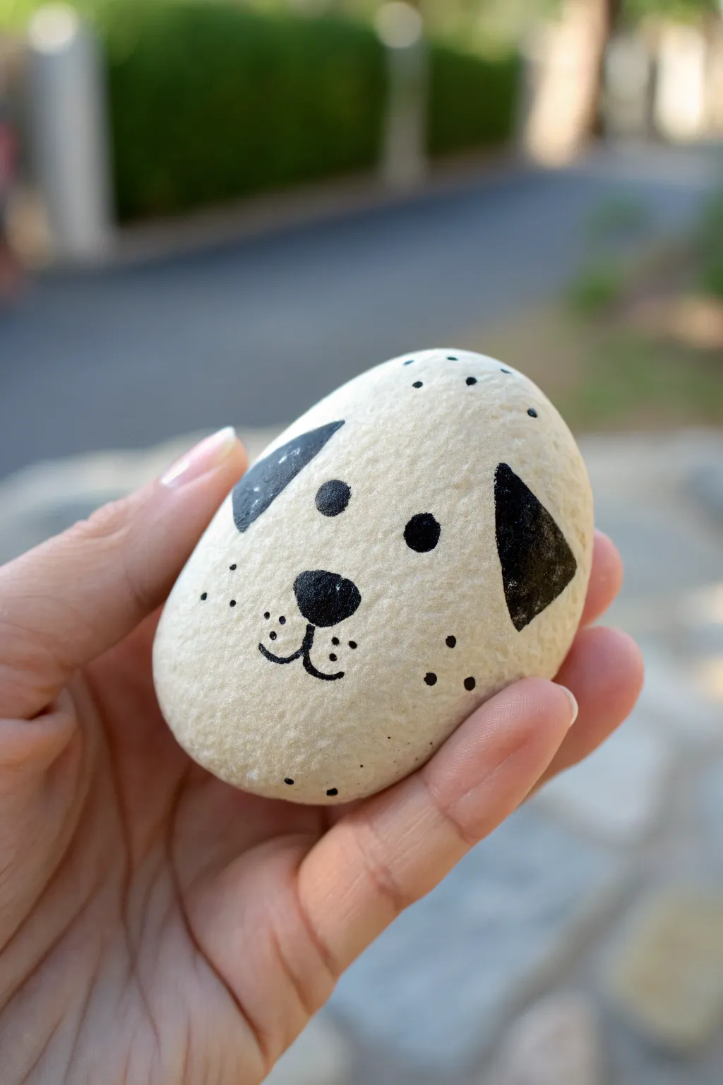 Easy spotted pup dog rock: bold dot markings on a pale stone, simple and cute to copy.
