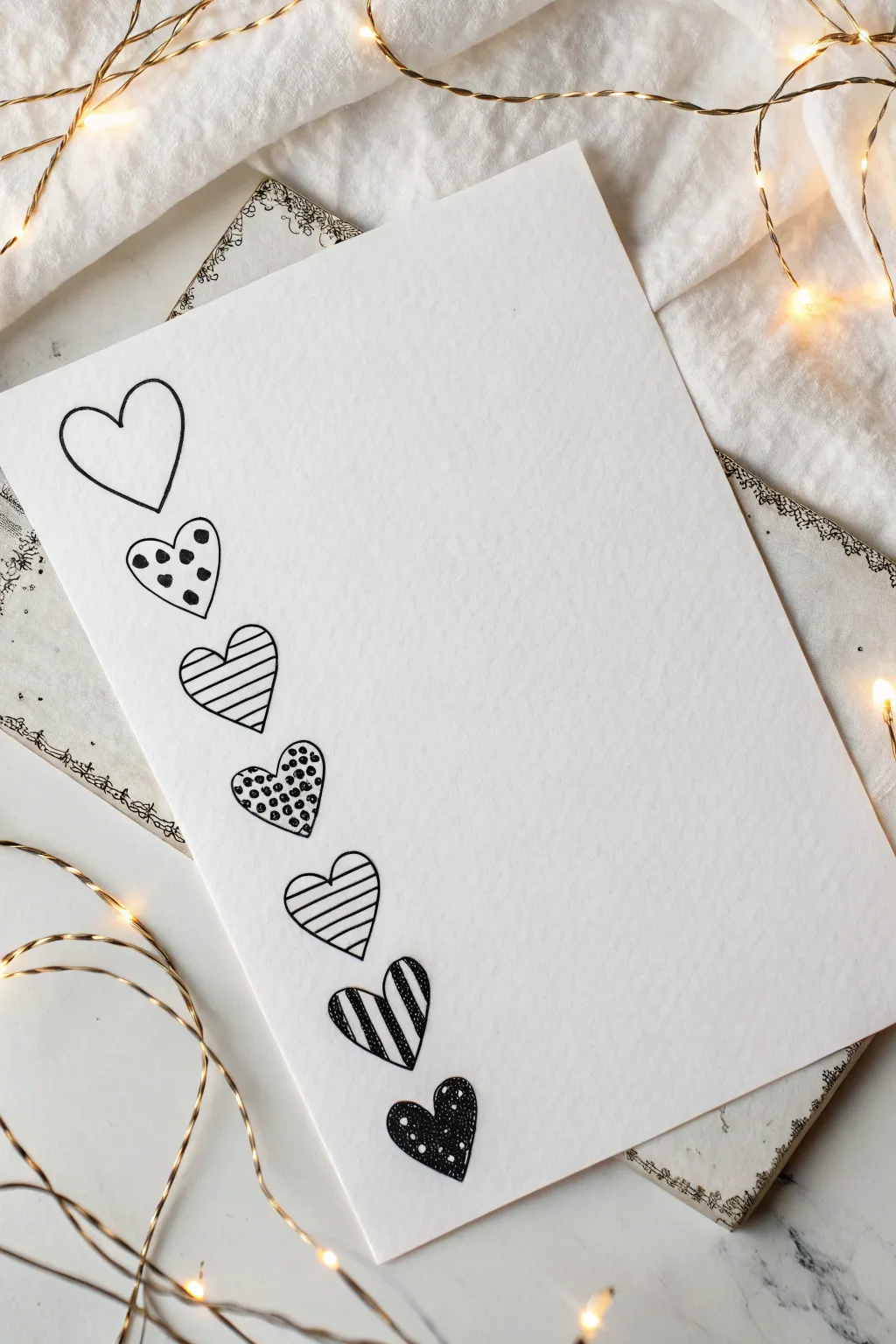 Minimal heart doodle variations for easy practice, bold ink on clean white paper.