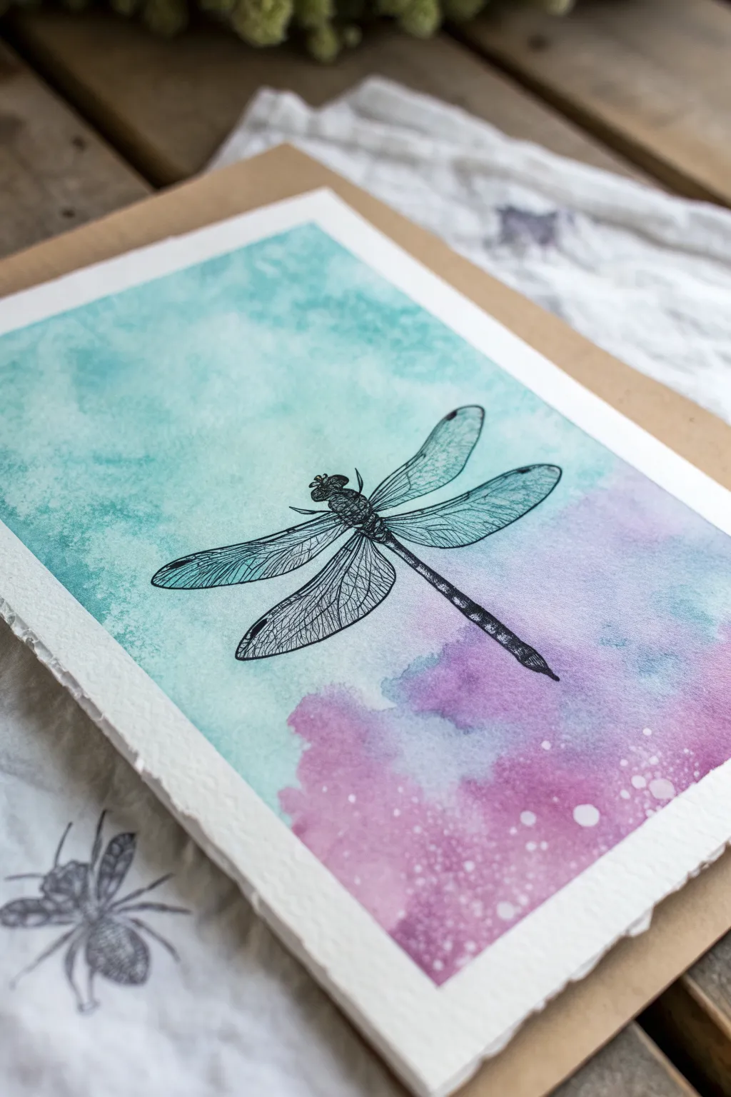 Dreamy teal and purple wash with a crisp dragonfly outline for an effortless watercolor look