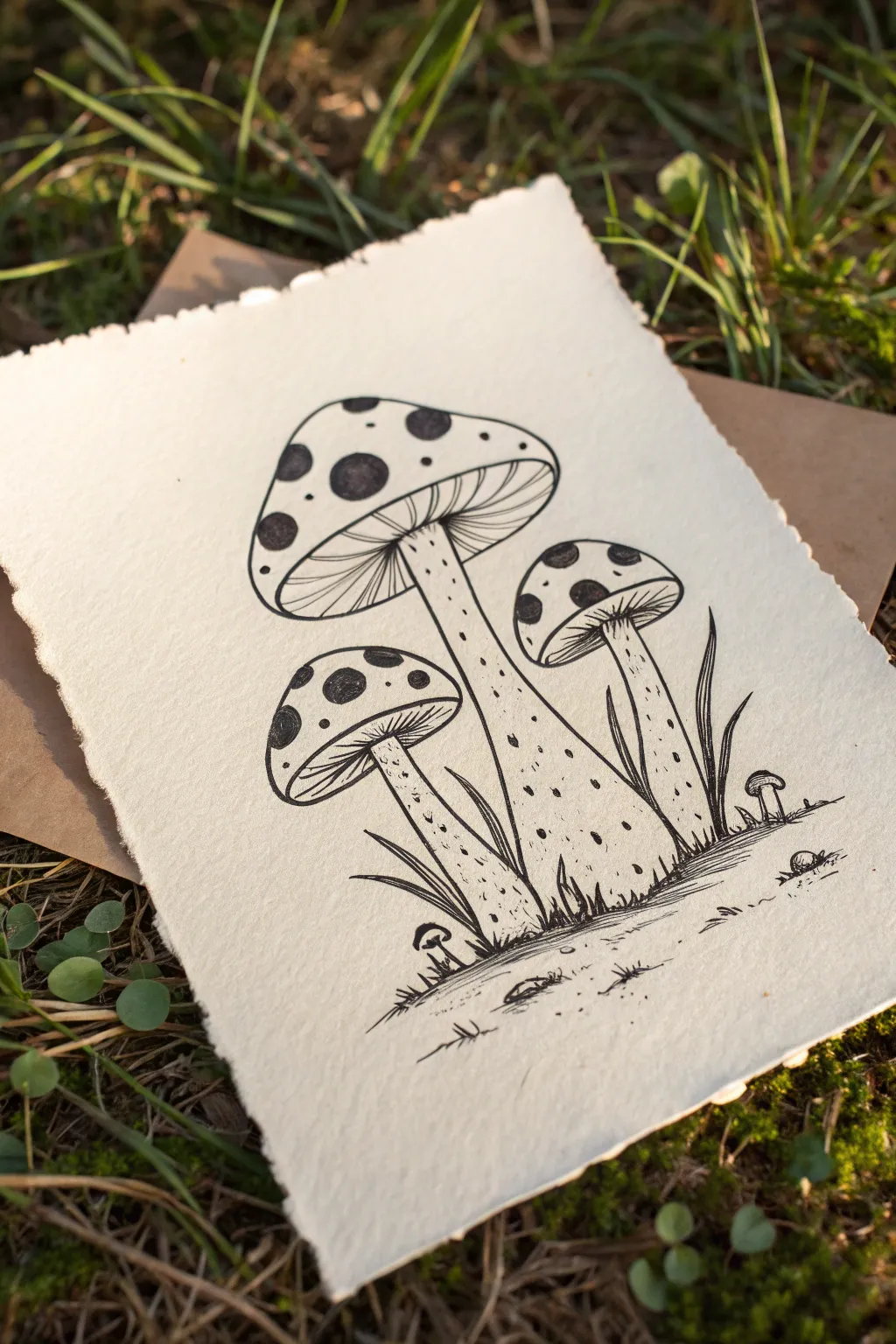 Sketch a trio of whimsical mushrooms for a touch of boho magic in your sketchbook.