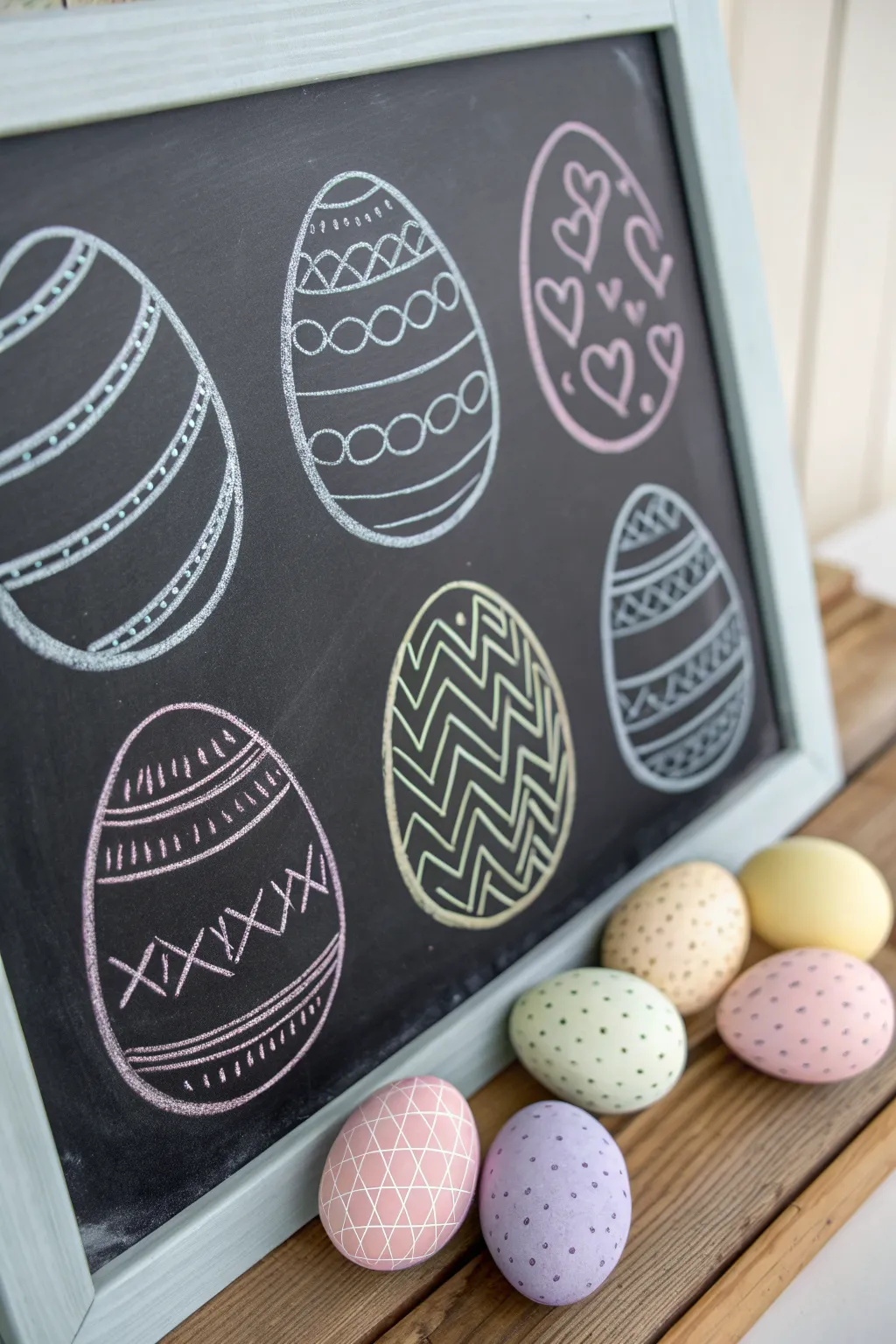 Simple pastel Easter egg doodles on a chalkboard for quick, charming holiday chalk art.
