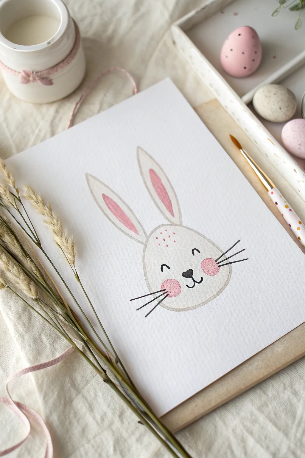 Simple oval bunny face in soft watercolor for an easy, minimalist Easter painting idea