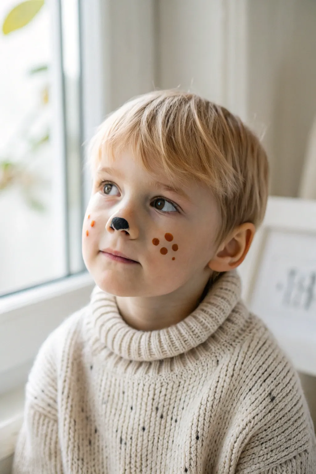 Soft puppy face paint: round nose, floppy spots and freckles in a minimal palette