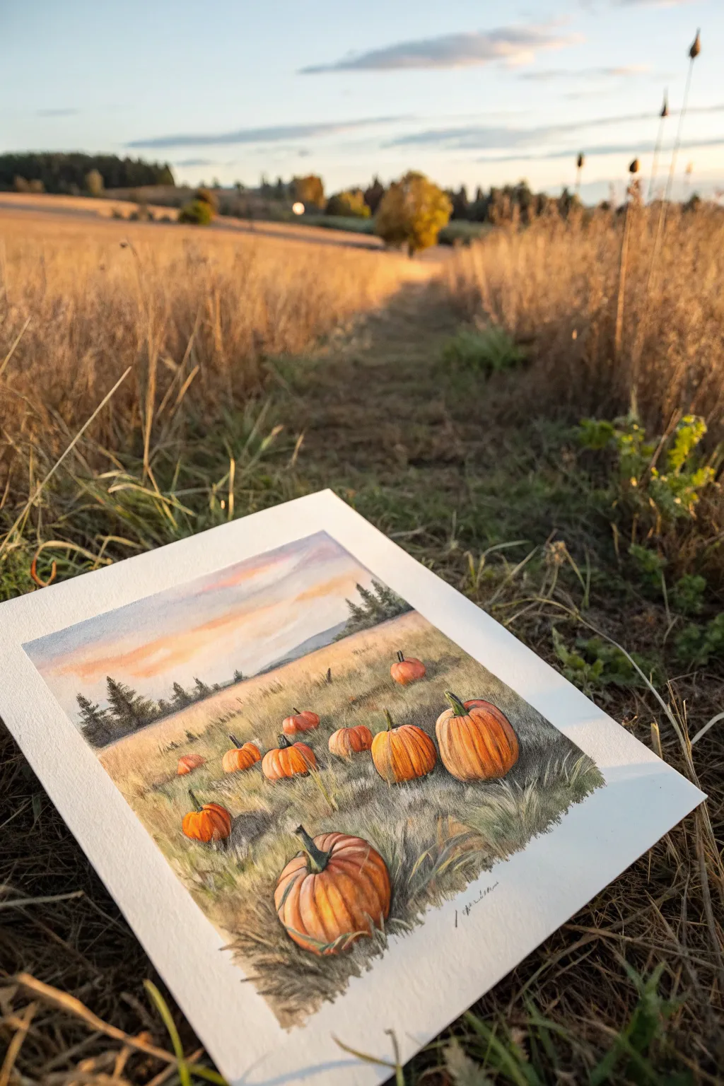 Simple pumpkin patch rows in warm golden tones, an easy fall painting idea for beginners