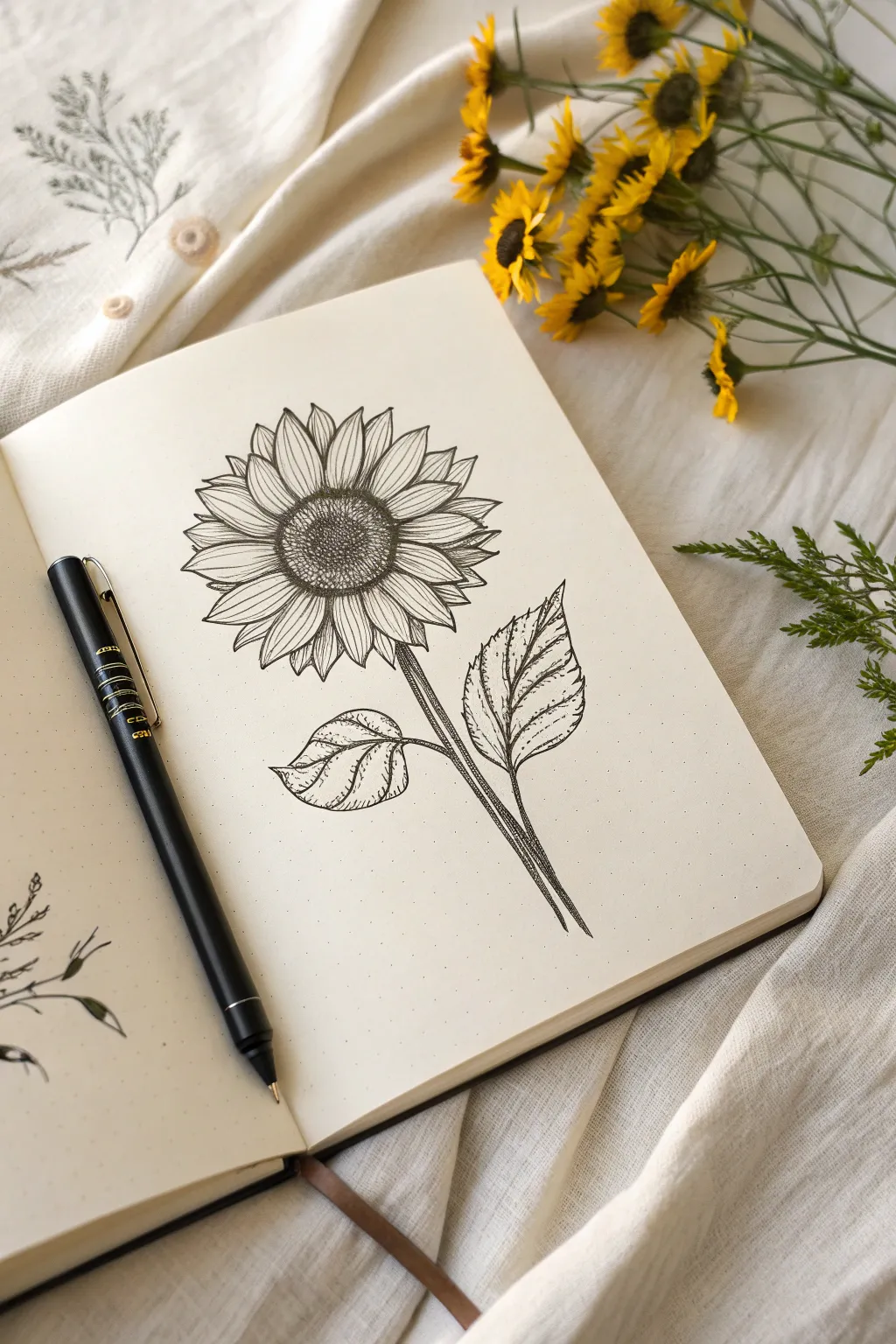 Chunky-petal sunflower sketch with a dotted textured center, simple stem, and clean minimal style.