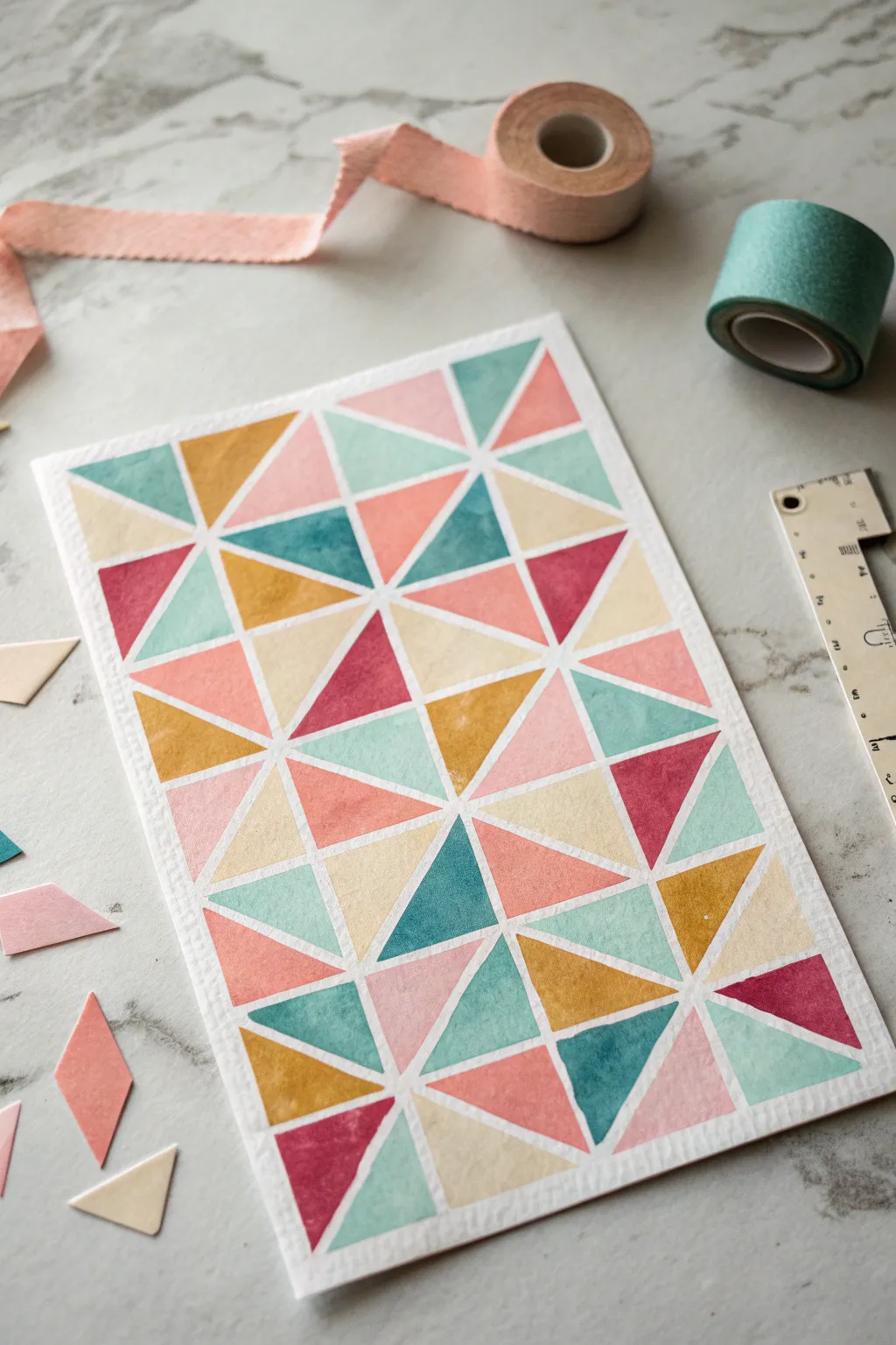 Shattered triangle mosaic in bright shades, with peeled tape revealing crisp geometric lines.