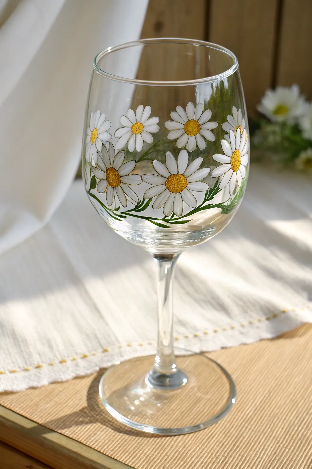 Classic white daisy ring on a wine glass, minimal and bright—an easy glass painting idea.