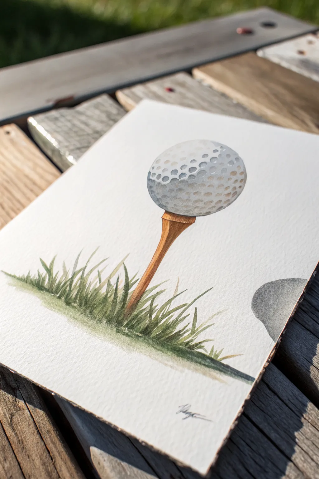 Golf ball on tee close-up with simple grass strokes and one highlight for easy painting practice.