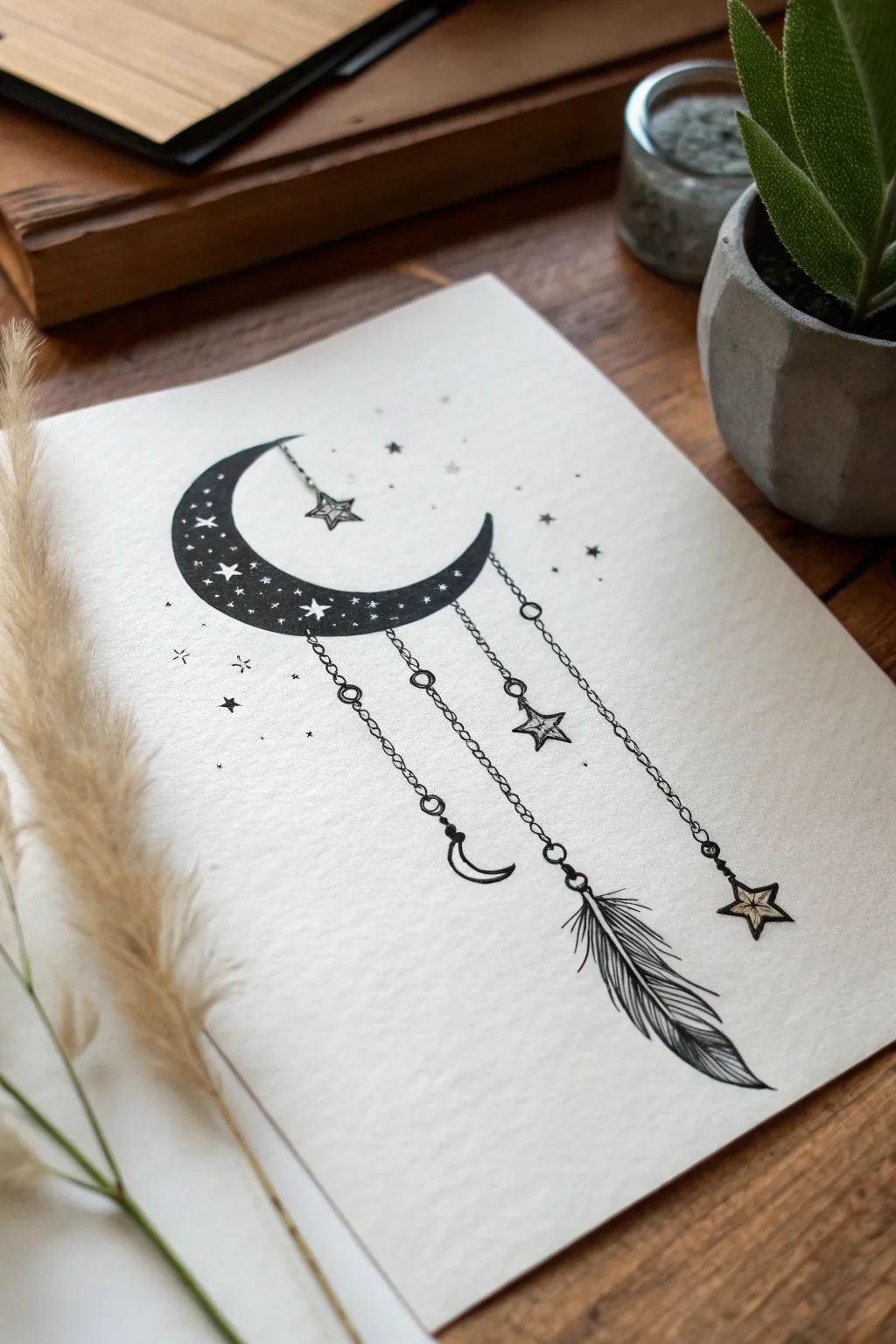 Minimal crescent moon line art with dangling chains and tiny charms, crisp goth-meets-boho