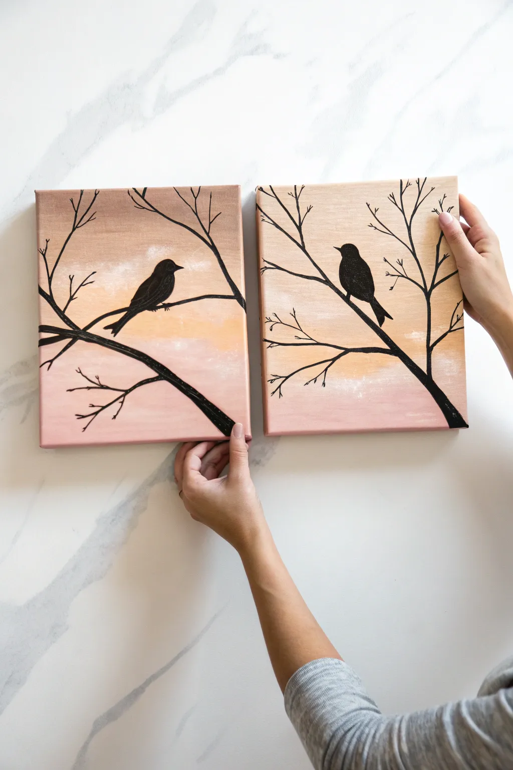 Beginner-friendly pair painting: two birds meet on a shared branch across matching canvases