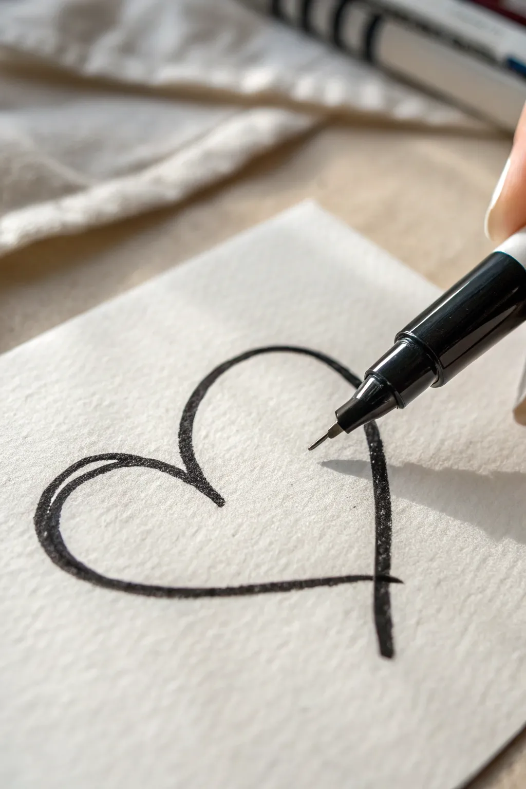 Easy one-line continuous heart in bold black ink on white paper, minimalist and elegant