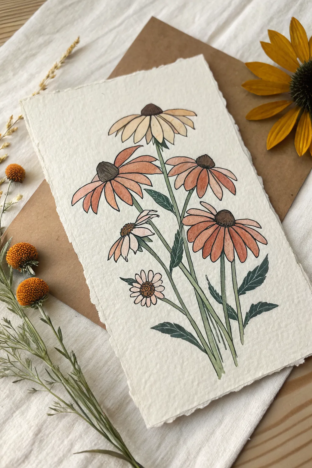 Flower power doodles: chunky daisies and a big sunflower in warm minimalist boho style.