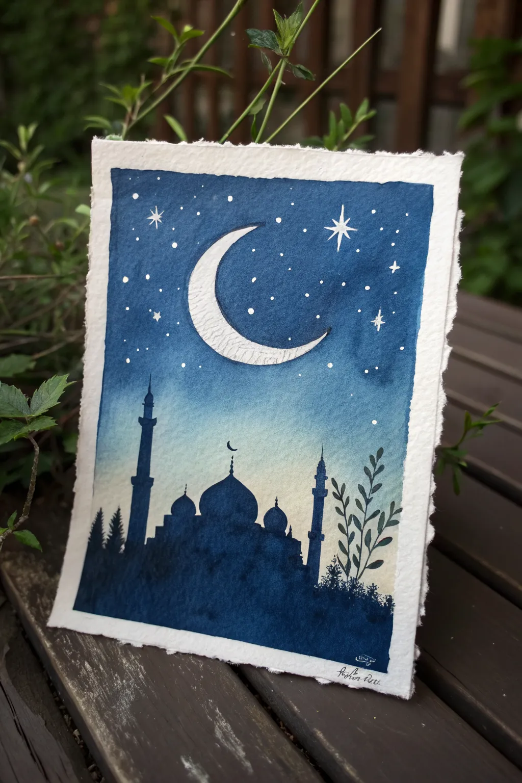Minimal night watercolor: crescent moon glowing above a simple mosque skyline, easy to paint
