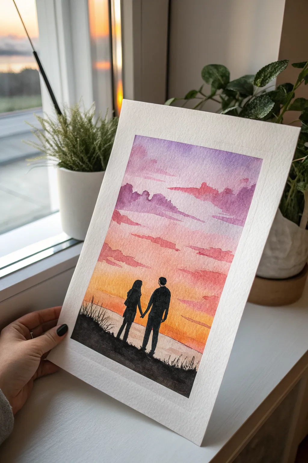 Paint a simple sunset gradient with a bold couple silhouette for an easy love gift for him