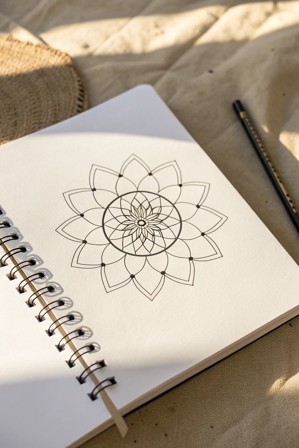 Simple petal ring mandala with airy white space, perfect for an easy calming sketch.