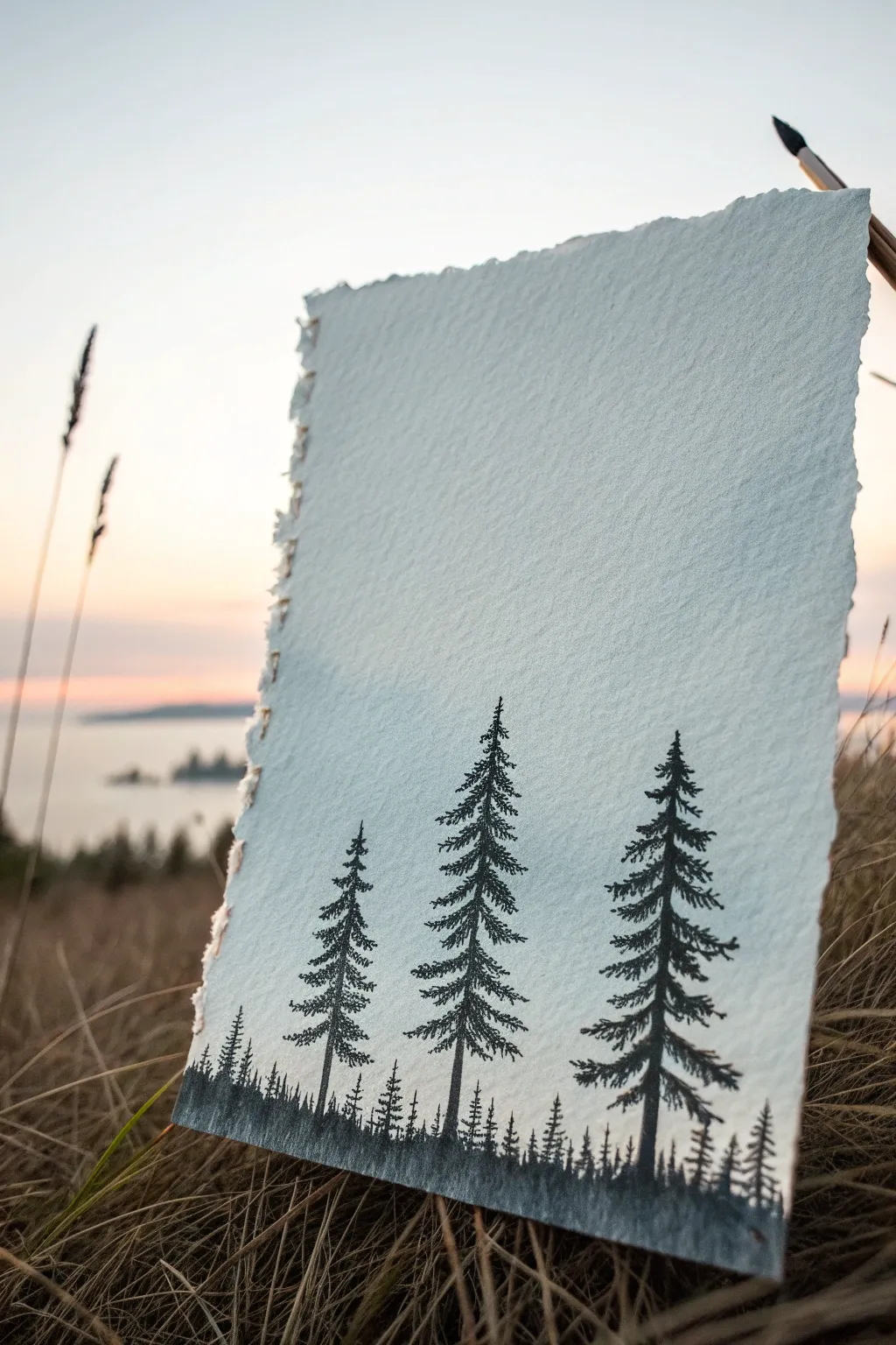 Minimal pine tree silhouettes with a soft sky wash, a calm high-contrast nature drawing idea
