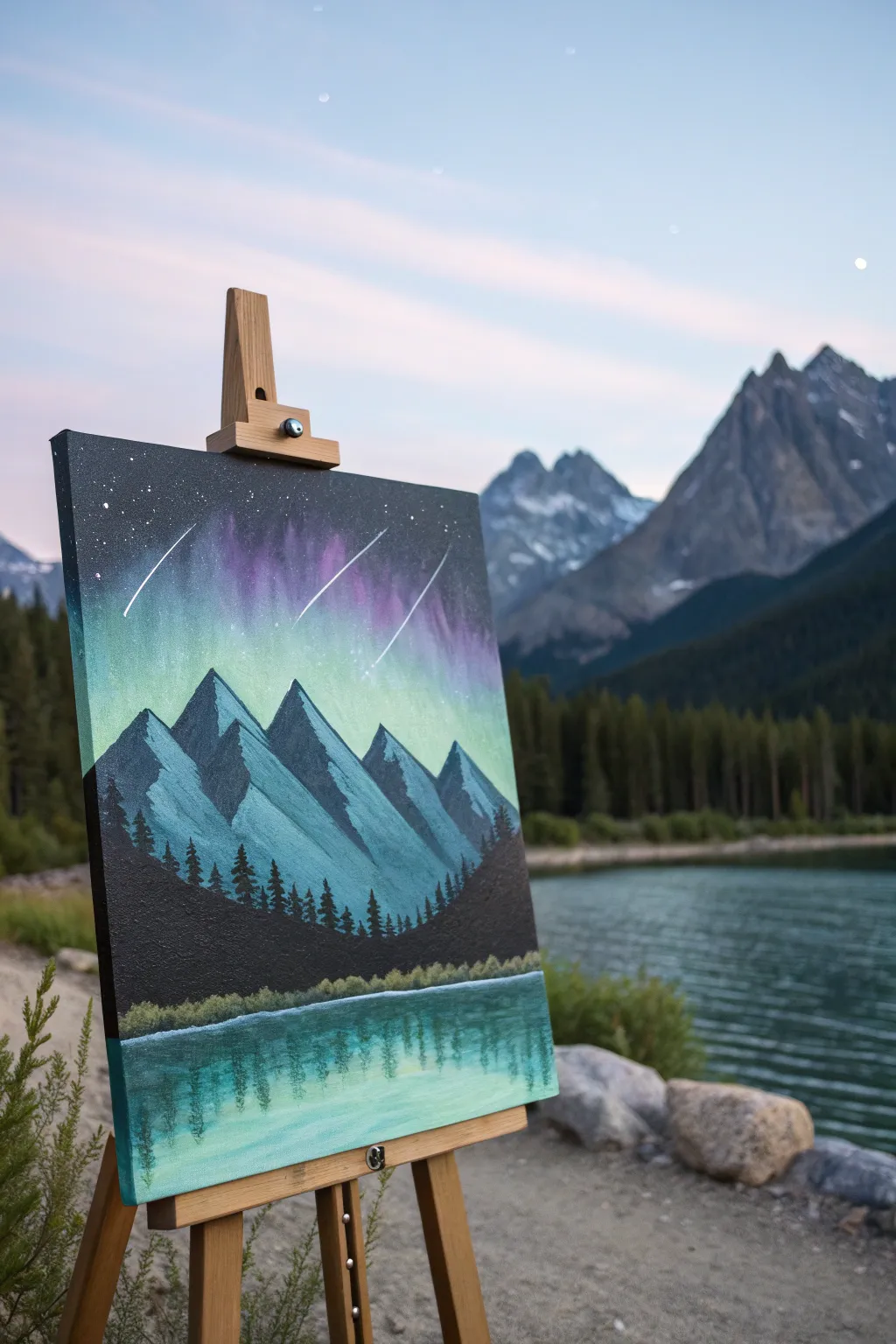 Paint simple black mountains and a glowing aurora band for an easy northern lights scene.