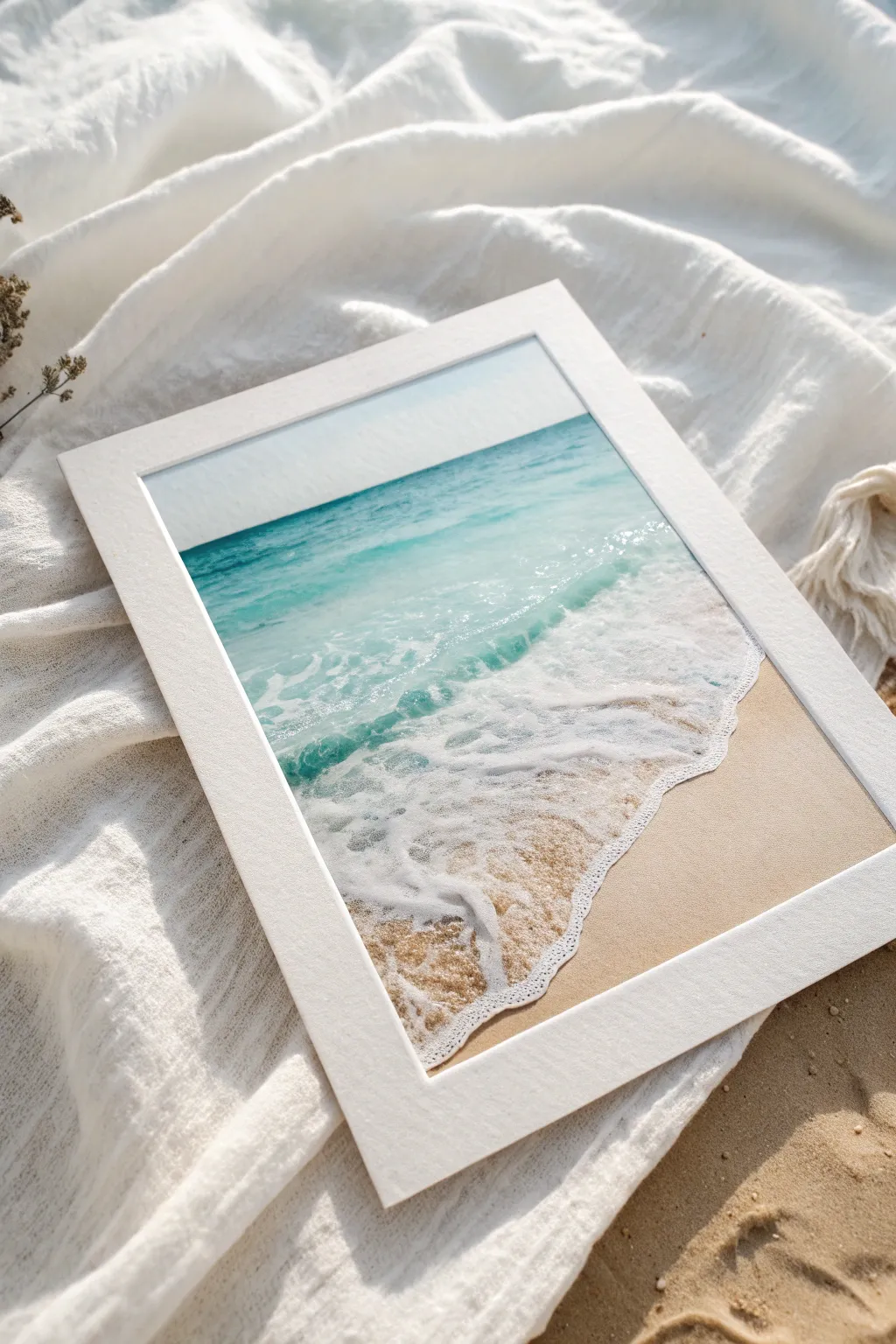 Blend warm sand into aqua water with a soft white foam line for an easy shoreline scene.