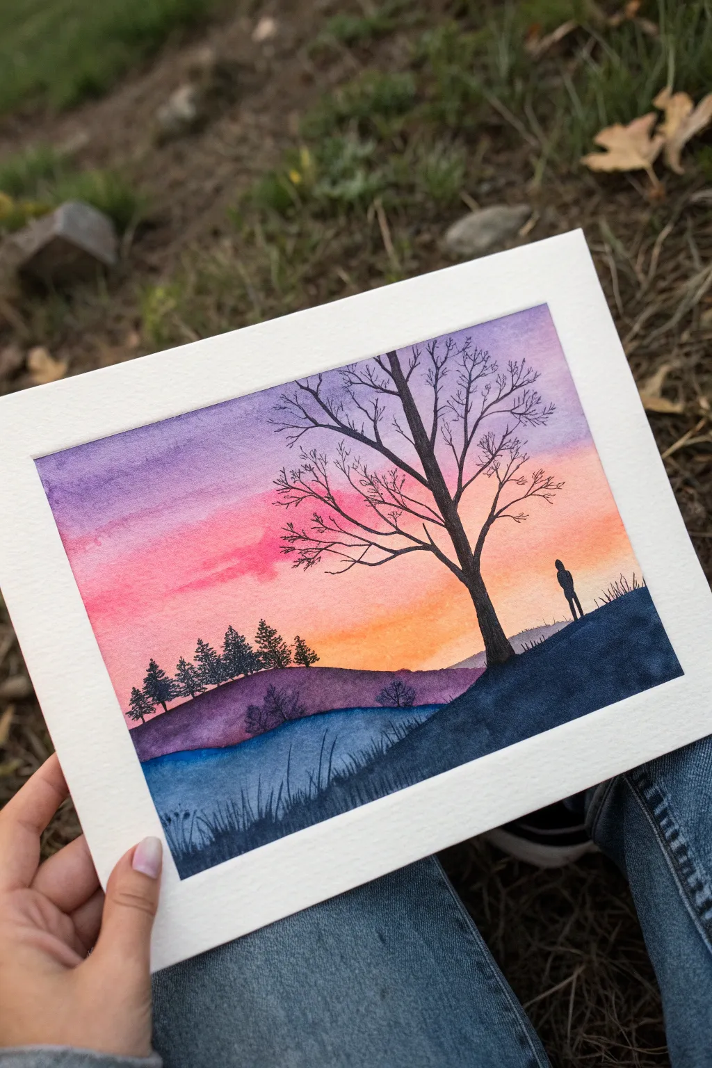 Paint a dreamy sunset gradient with a bold black silhouette for instant minimalist aesthetic.