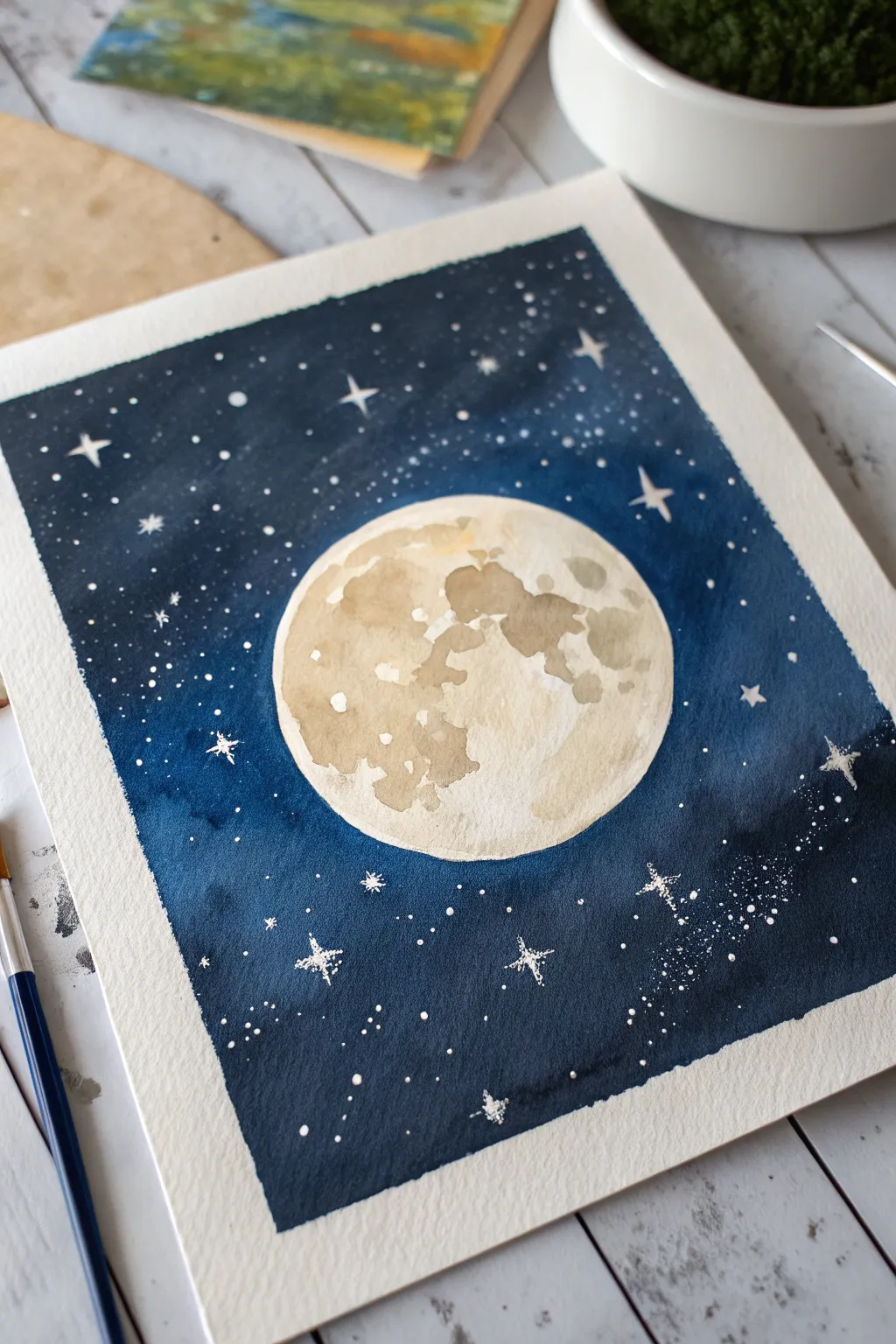 Easy moon night sky painting: deep indigo wash, crisp star splatter, calm minimalist vibe.