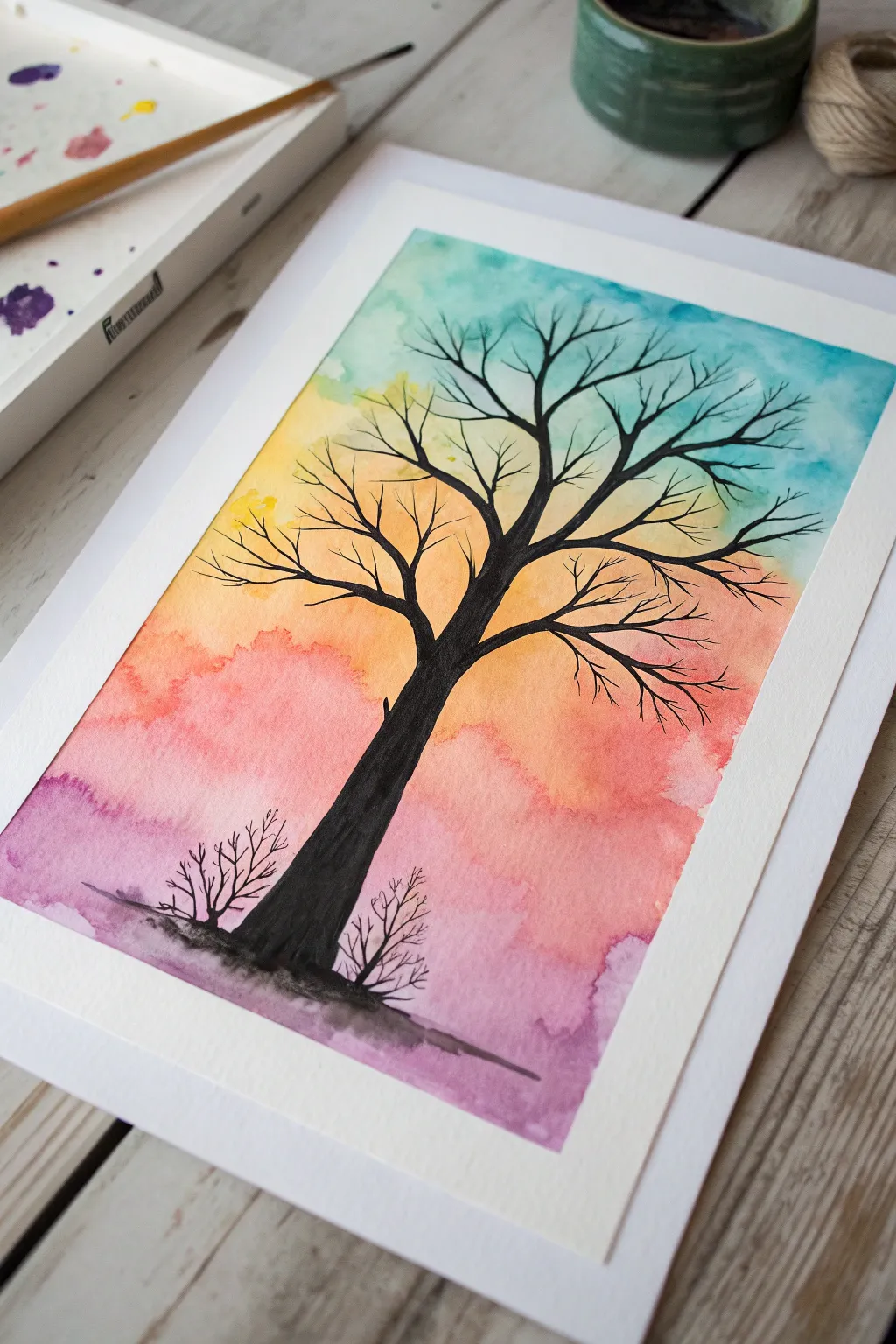 Easy, calming tree silhouette painting with a vibrant watercolor wash, perfect for dementia art.