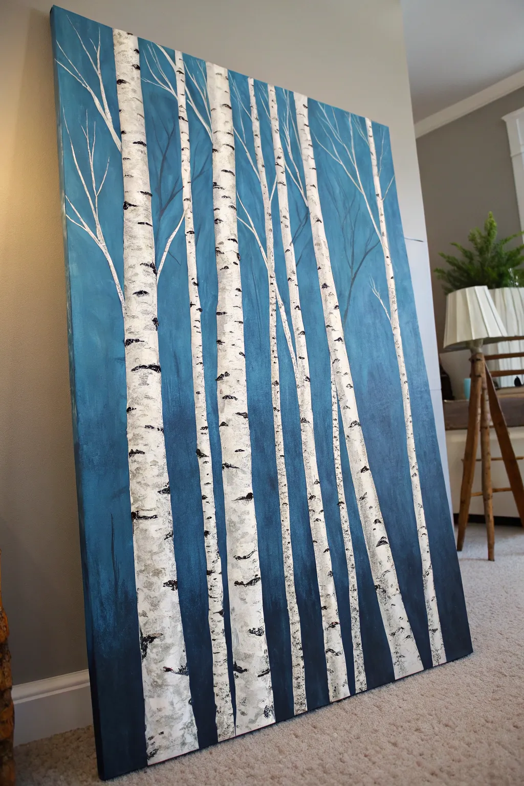 Capture nature's varied textures with this simple, serene vertical birch forest painting guide.