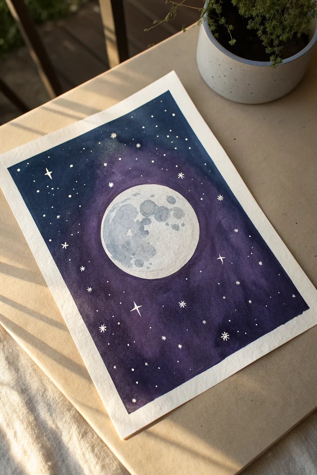 Moon and starry night wash: a simple gradient sky and splattered stars for beginners