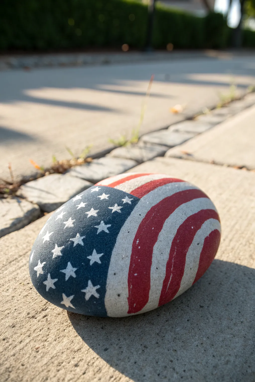 Wavy flag painted rock in warm sunlight, a simple patriotic craft with clean minimalist vibes