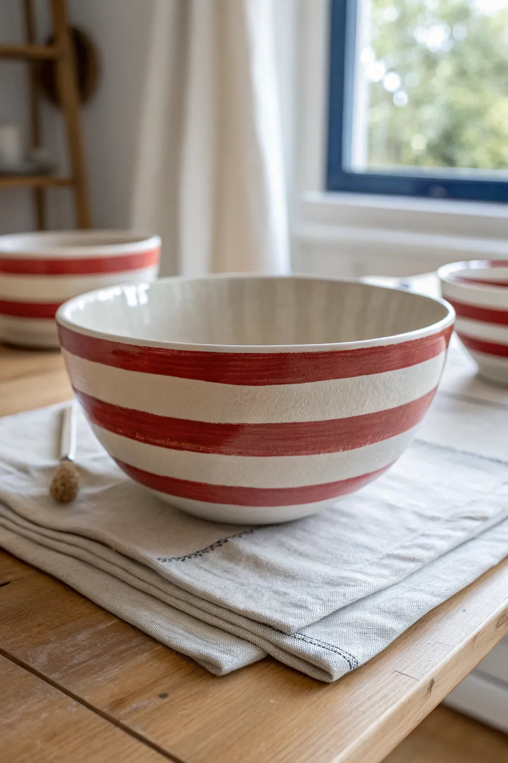 Bold two-tone stripes turn a simple ceramic bowl into an easy, modern pottery painting win