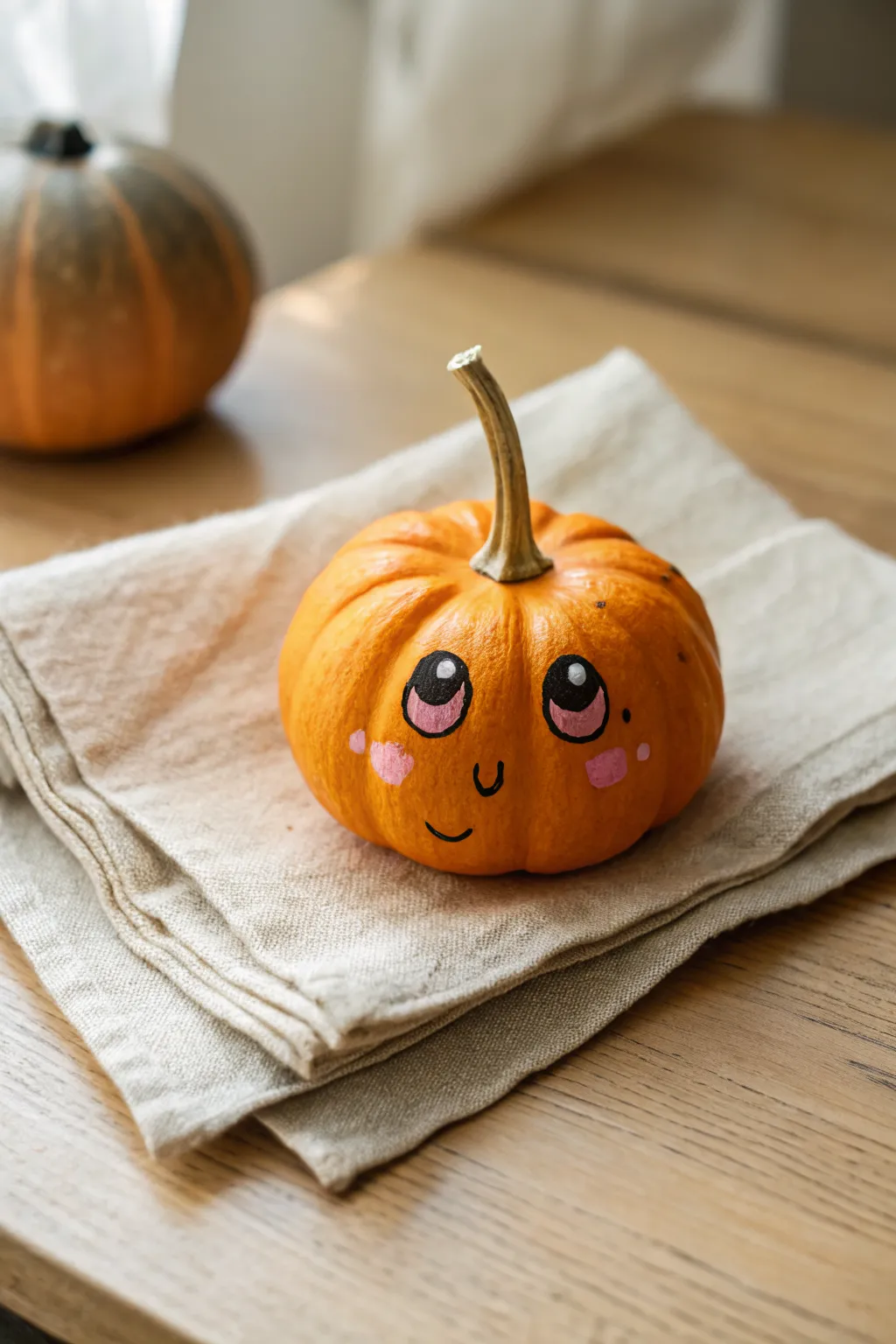 Wide-eyed pumpkin face marker idea with blush cheeks and a sweet smile in a minimalist cozy setup