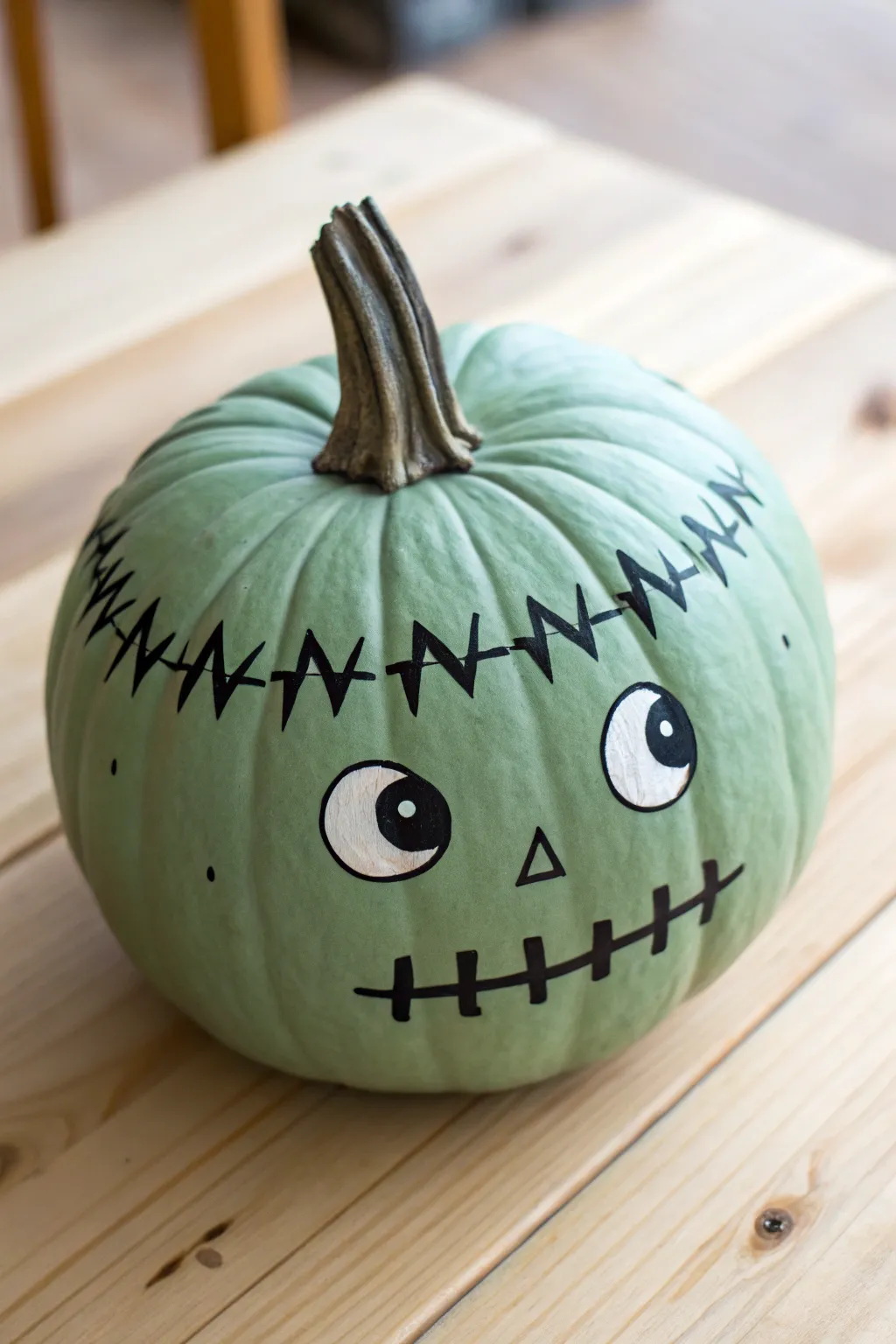 Create a cute monster with this easy minimalist Frankenstein pumpkin design.