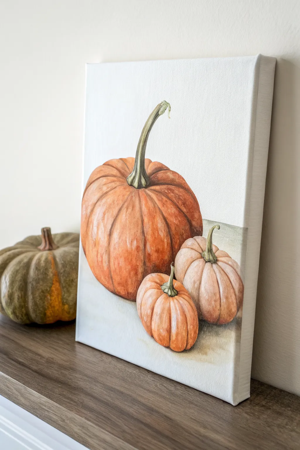Cozy pumpkin trio on canvas: simple overlaps and a grounding shadow for an easy fall still life