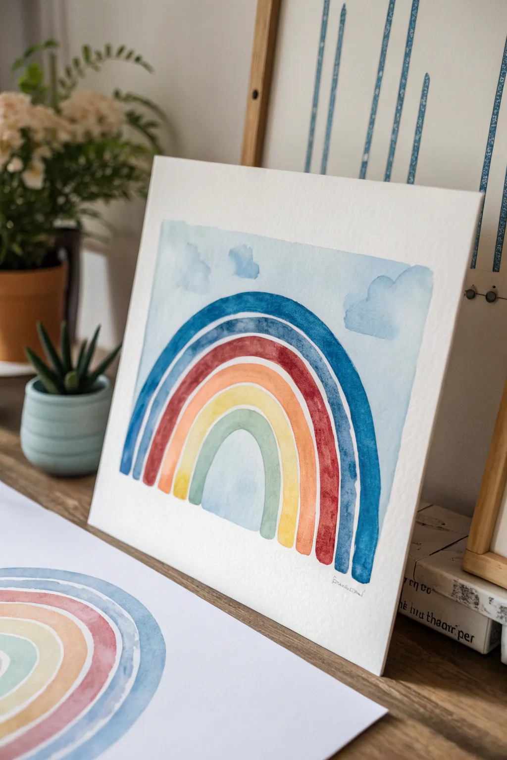 Paint a crisp rainbow over a calming blue sky gradient for an easy, minimalist wall-worthy piece.