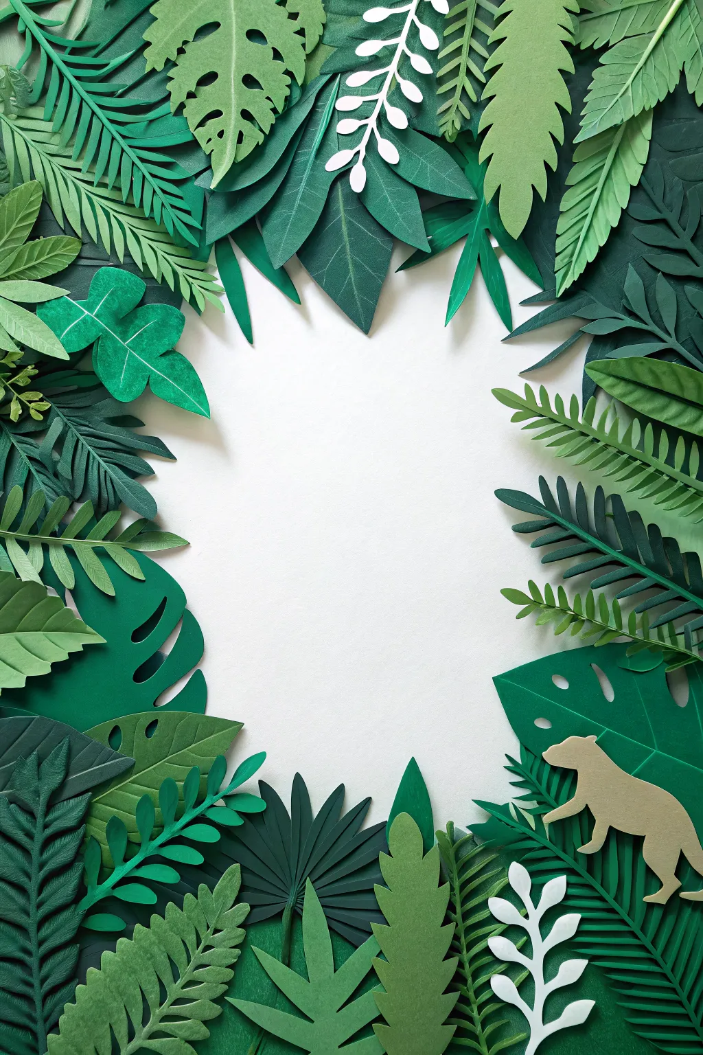 Layered cut-paper rainforest collage with canopy, understory, and forest floor in calming greens.