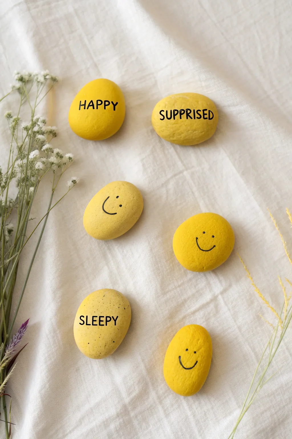 Sunny smiley face rocks in a neat grid, bold lines and clean minimal craft inspiration for kids.