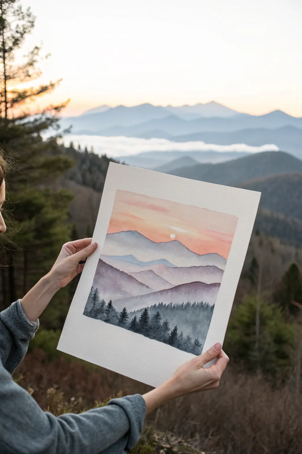 Paint simple mountain layers with a soft sunrise glow for an easy, calming scenery study