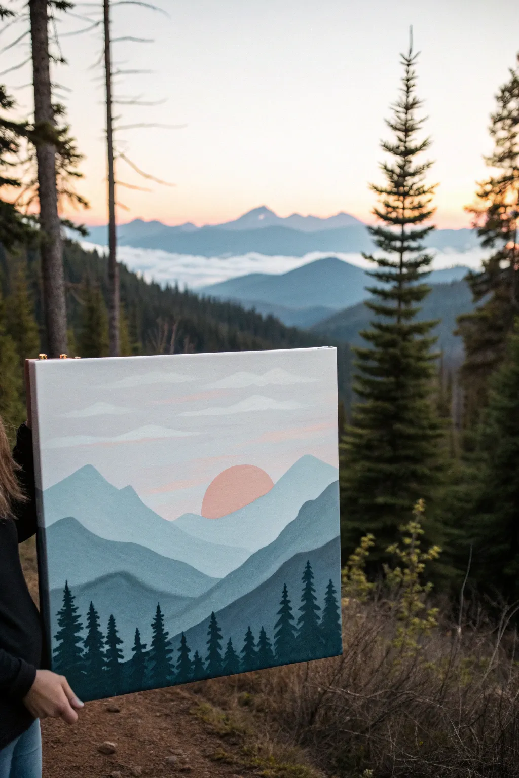 Simple mountain sunset with pine silhouettes, perfect for an easy sip and paint night