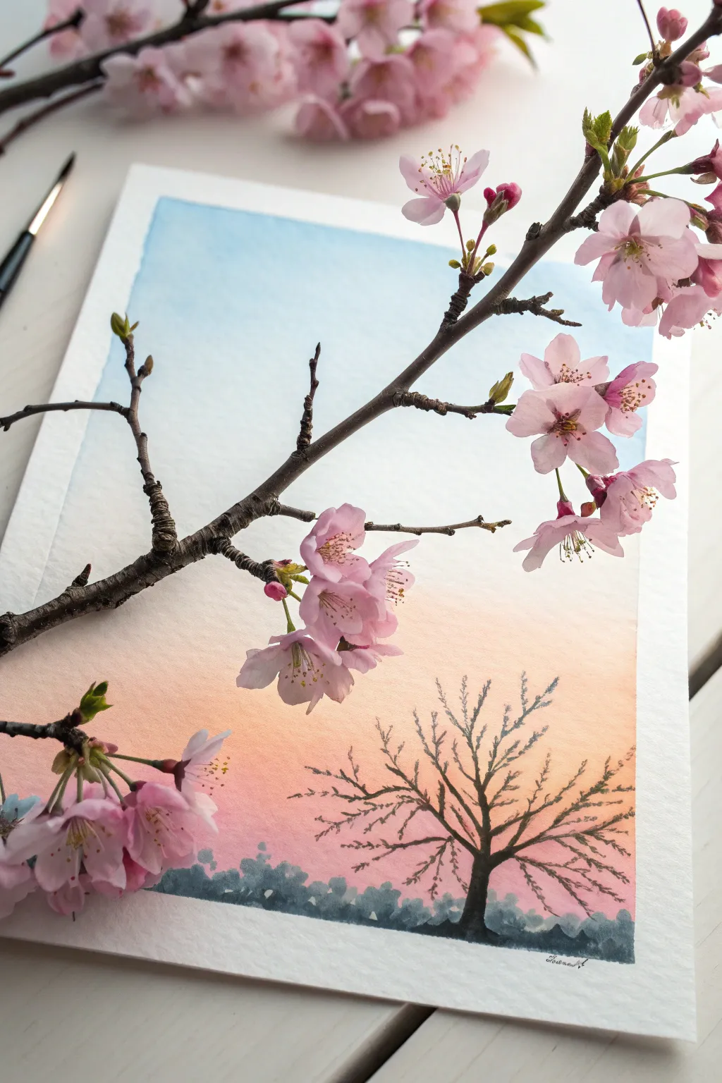 Minimal cherry blossom branch painting with Q-tip texture on a soft spring gradient sky