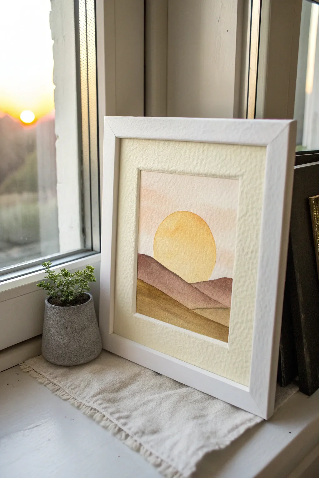 Golden sunrise watercolor: a simple pale sun over soft hills in warm minimalist tones