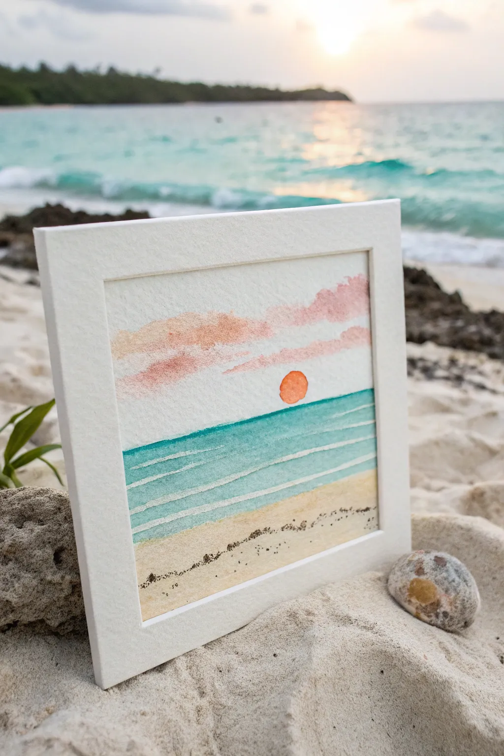 Minimal tropical beach horizon with sun reflection lines, an easy calm watercolor painting idea