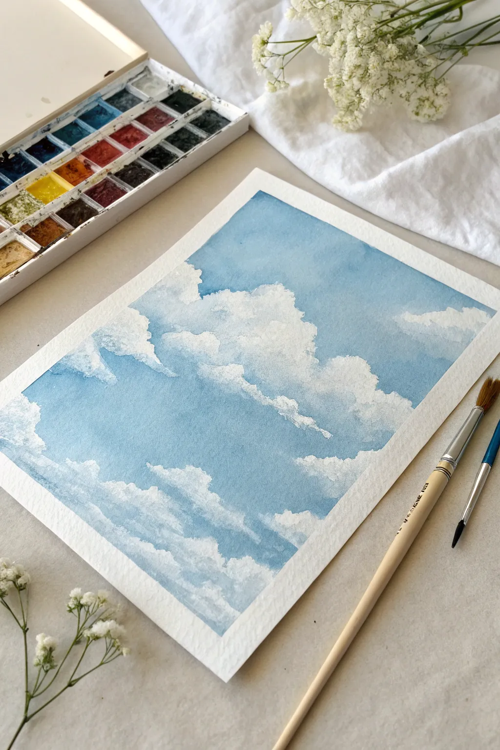 Fluffy wet-on-wet watercolor clouds on a soft blue sky, minimal, airy, and beginner-friendly