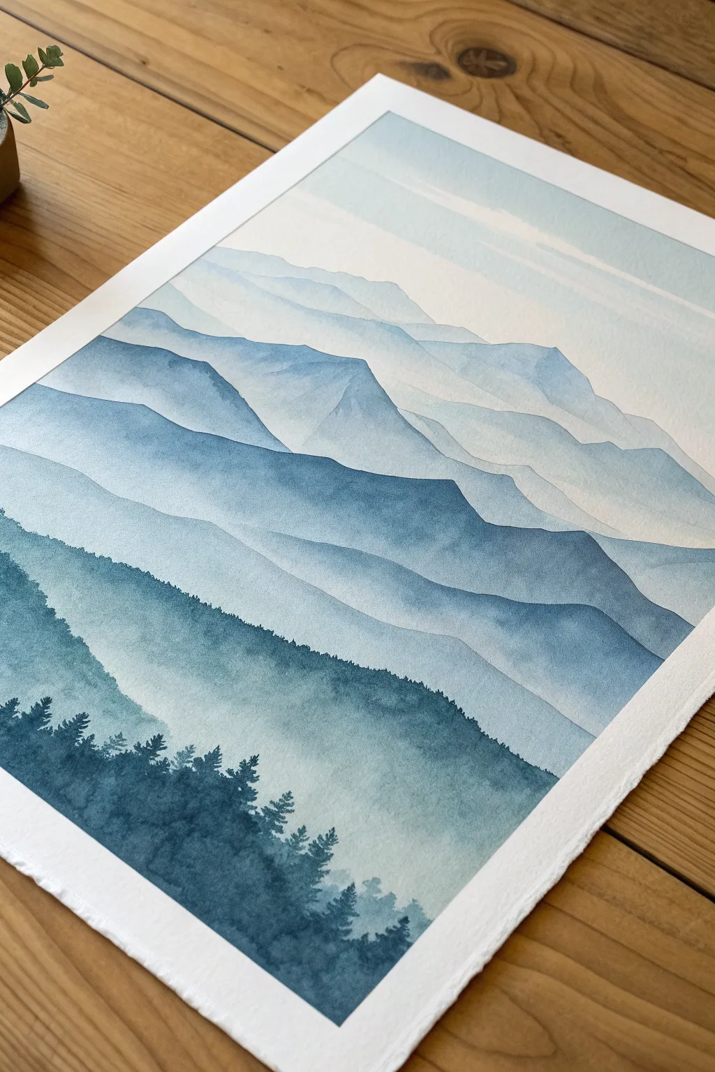 Soft blue-gray mountain layers with simple zigzag peaks and a misty wash, perfect to copy