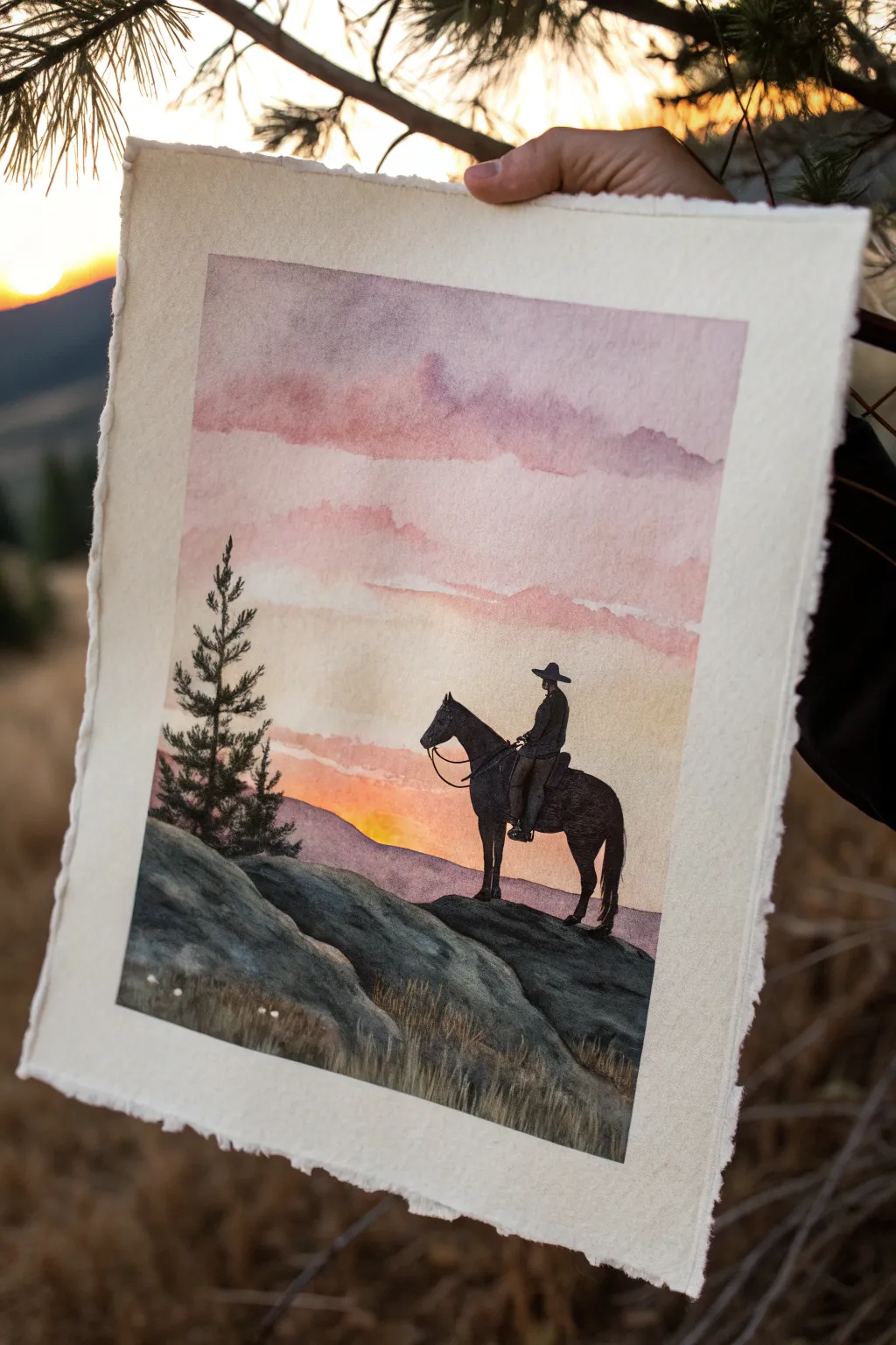 Minimalist sunset silhouette of a lone cowboy on horseback, perfect for easy western painting.