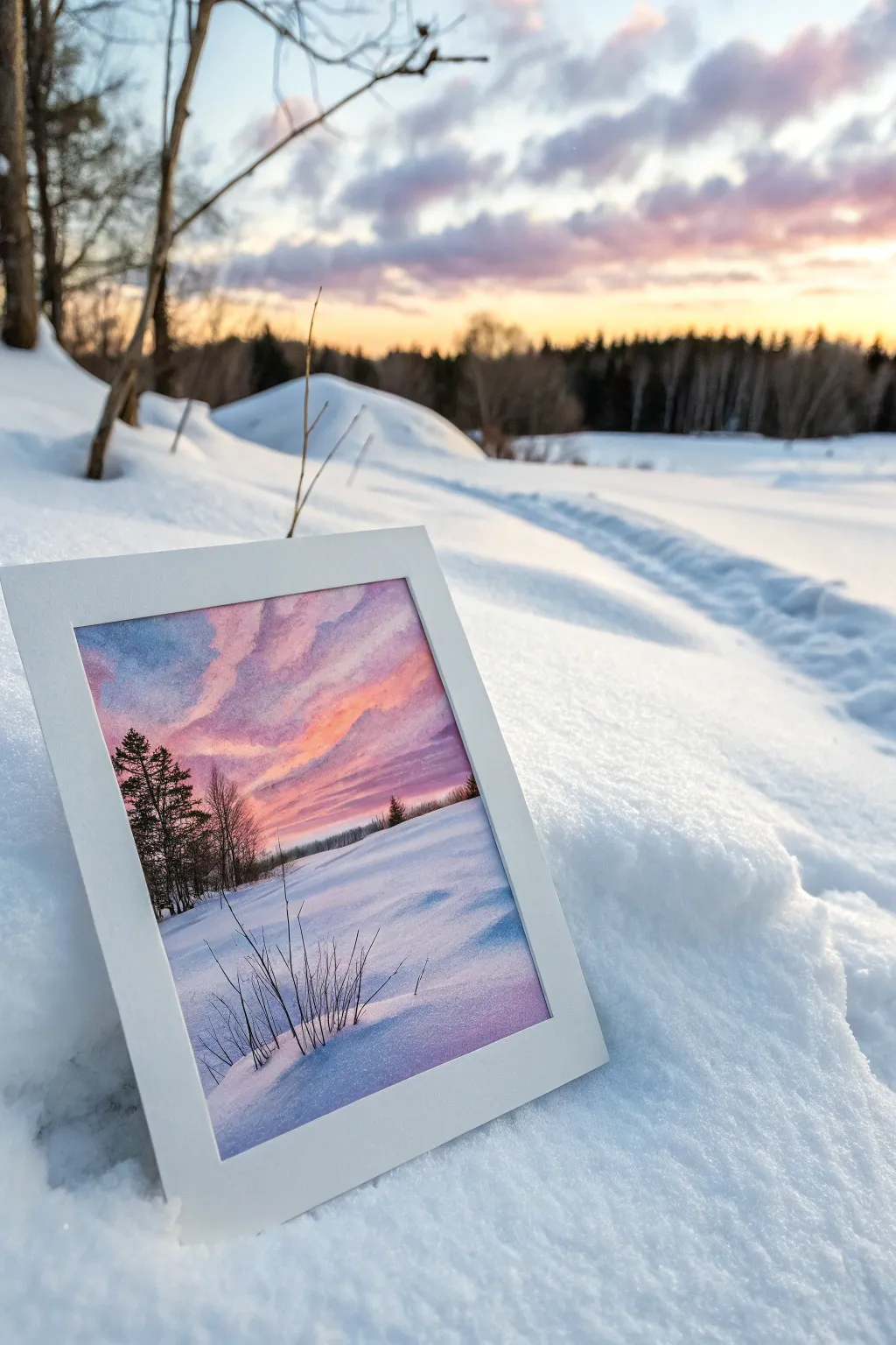 Paint a cotton-candy winter sunset with soft snowdrifts for an easy, dreamy seasonal scene.