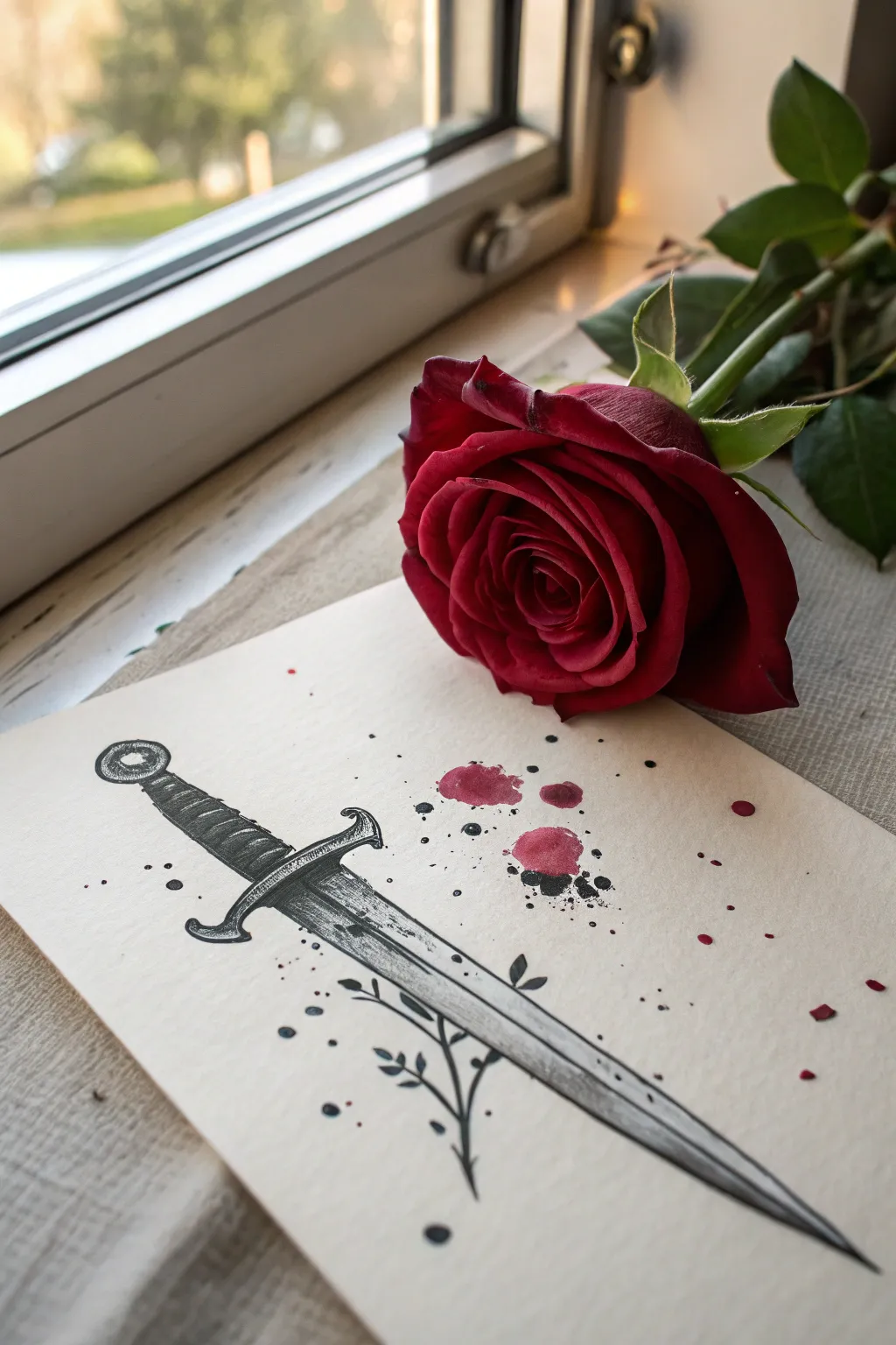 Danger meets beauty: dagger through a dark rose, falling petals and delicate ink drips.