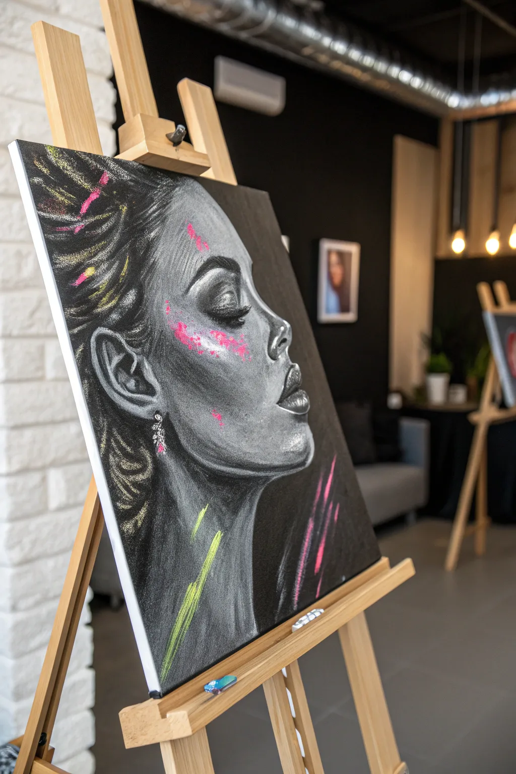 Neon-lit portrait on charcoal black: edgy glow that pops, calm Scandinavian boho vibe.