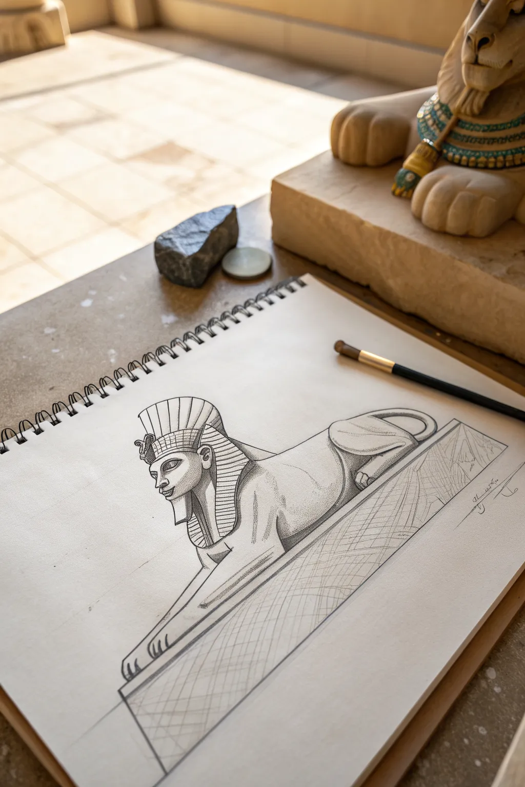 Easy sphinx side profile drawing idea, simple shapes and subtle stone texture for beginners